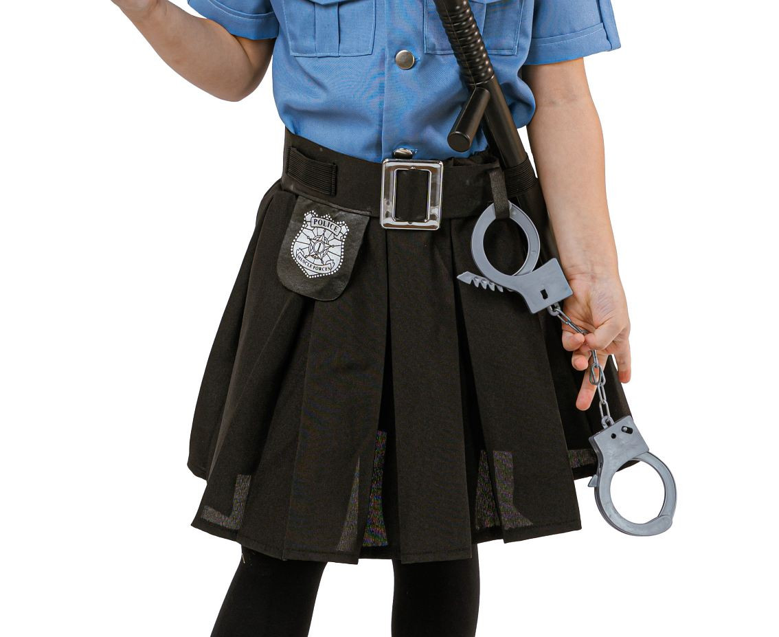 Role play-set for kids Blue Policewoman (shirt, kirt, belt, cap, handcuffs, walkie talkie, baton), size 92/104 cm